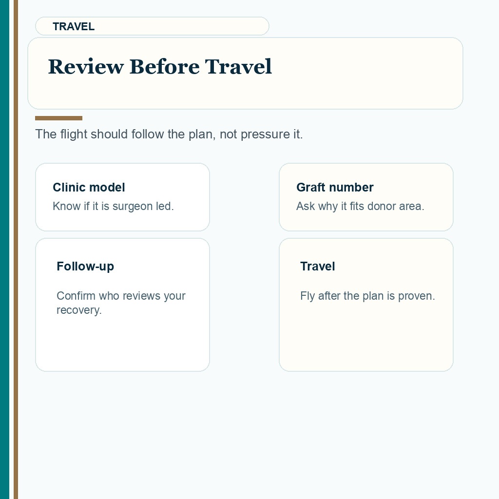 Carousel slide about reviewing the plan before travel with a low Turkey hair transplant budget.