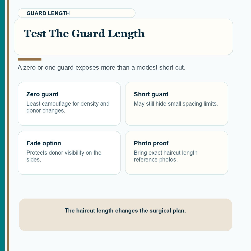 Carousel slide explaining why guard length changes buzz cut hair transplant planning
