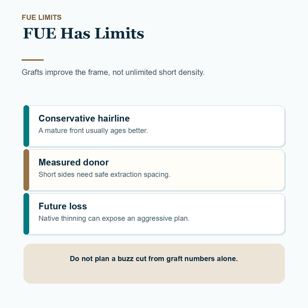 Carousel slide explaining FUE limits for a permanent buzz cut