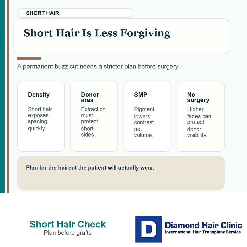 Support card showing short hair density donor SMP and no surgery planning checks