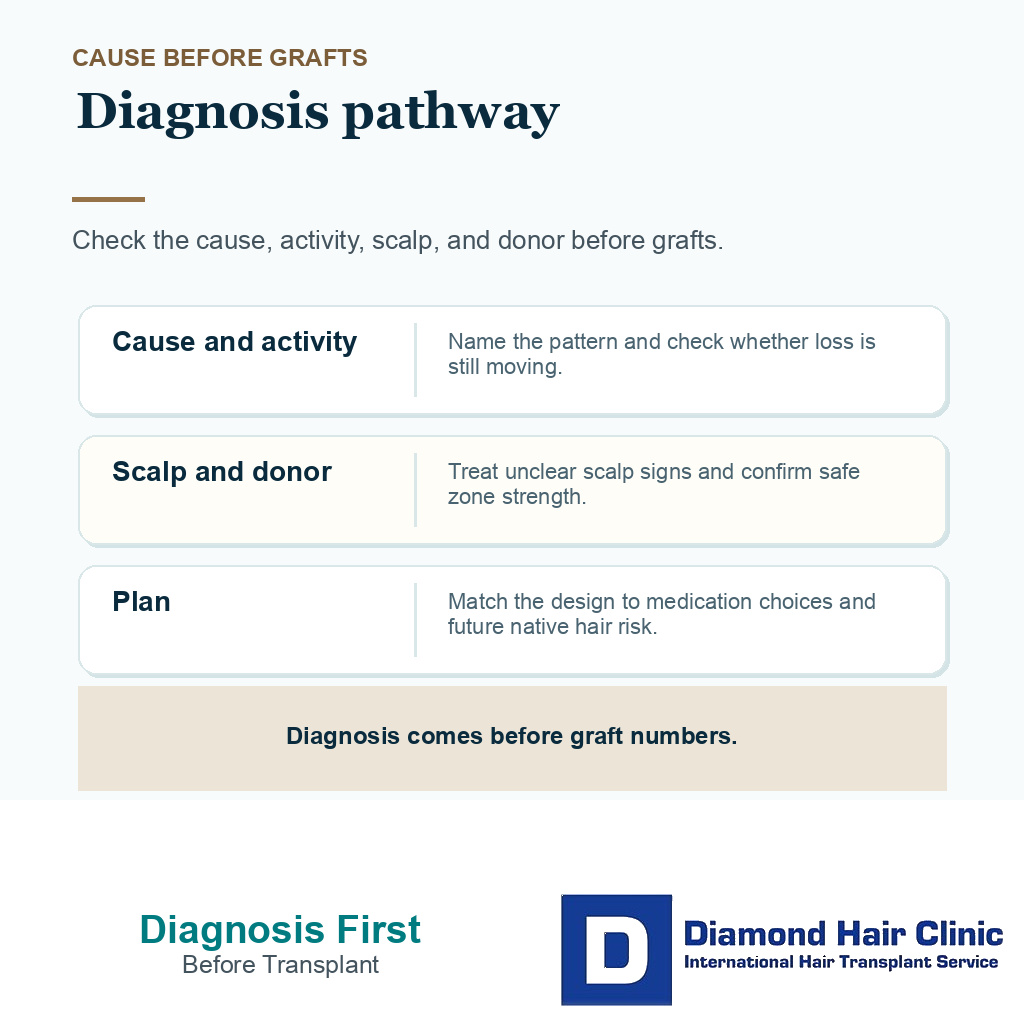 Hair loss diagnosis pathway checks cause activity scalp donor and plan before graft numbers