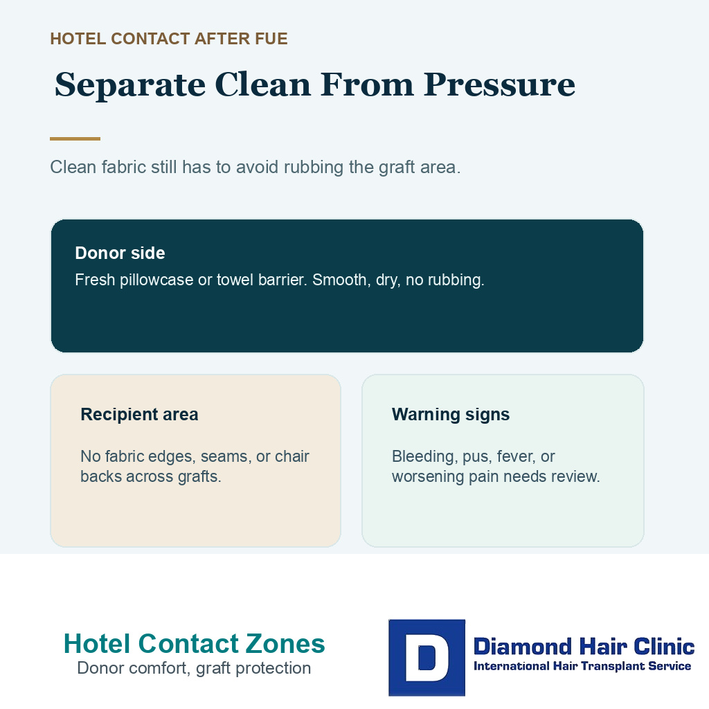 Support card showing hotel contact points to protect grafts after FUE.