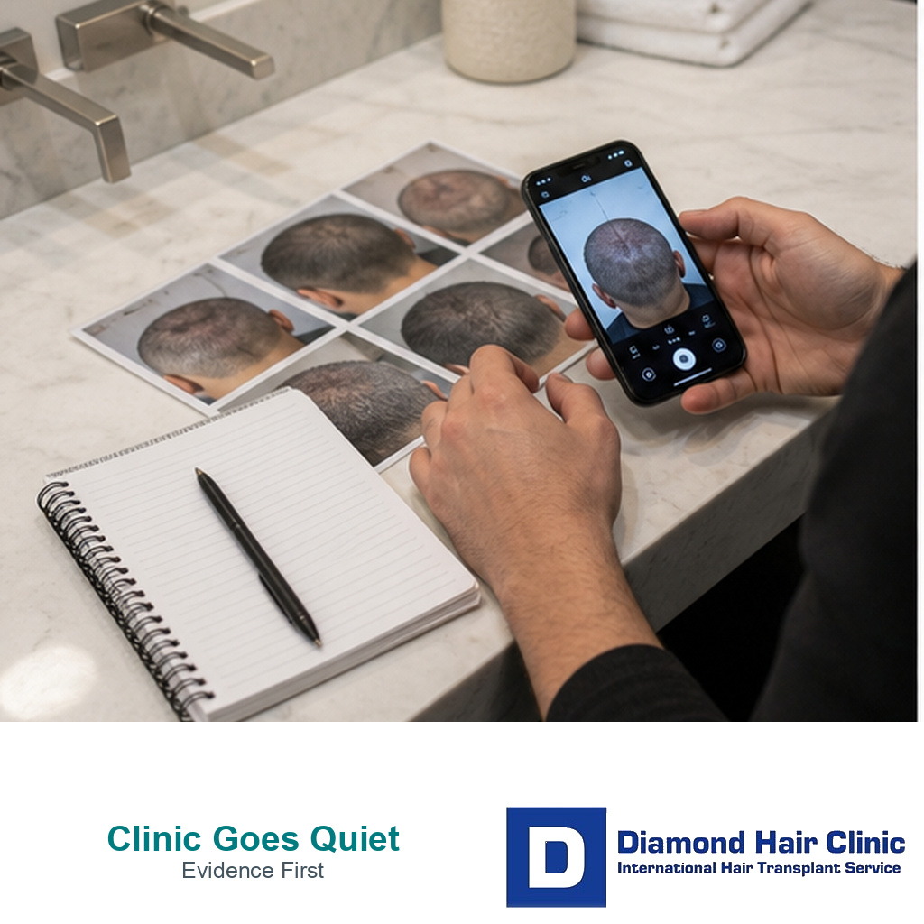 Non identifiable patient preparing scalp photos when a clinic goes quiet after hair transplant