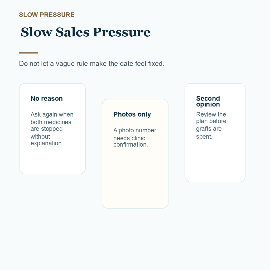 Carousel slide slowing sales pressure before medication advice and graft planning are accepted