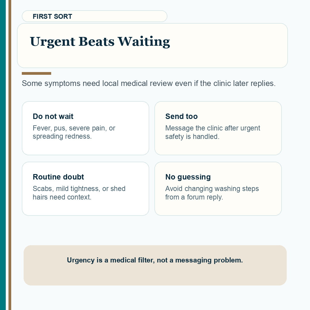 Carousel slide explaining when urgent symptoms should not wait for a clinic reply