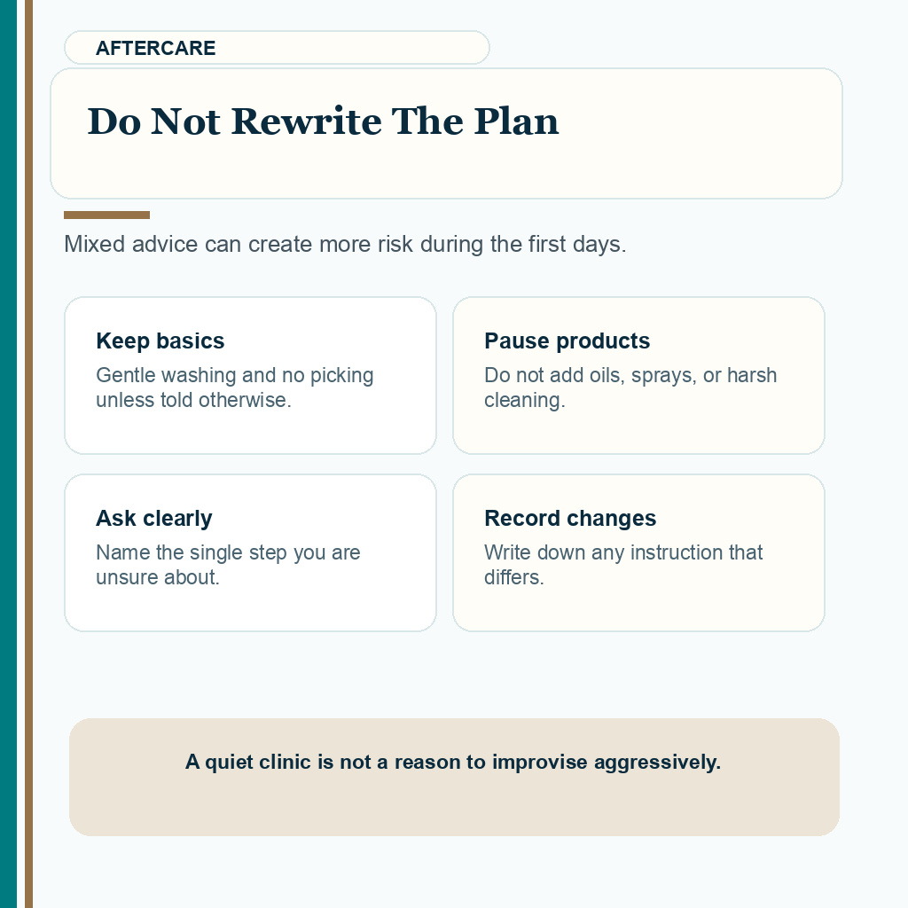Carousel slide explaining why patients should not rewrite aftercare from online advice