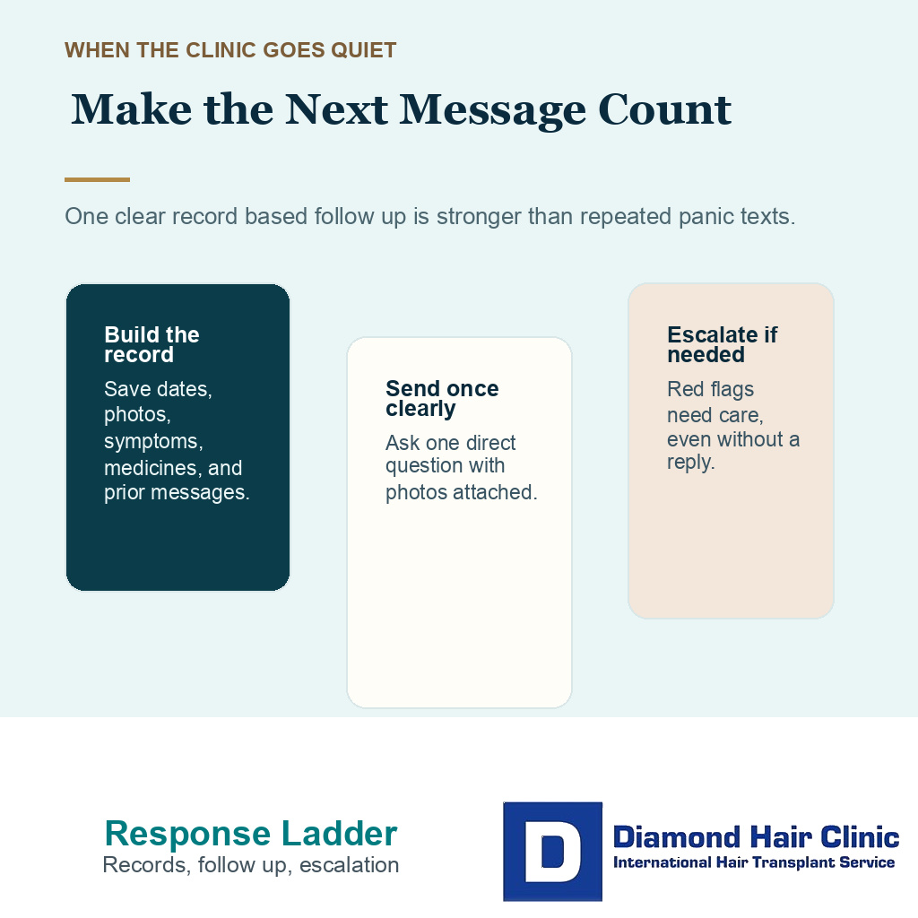 Support card showing what to send first when a clinic goes quiet after hair transplant
