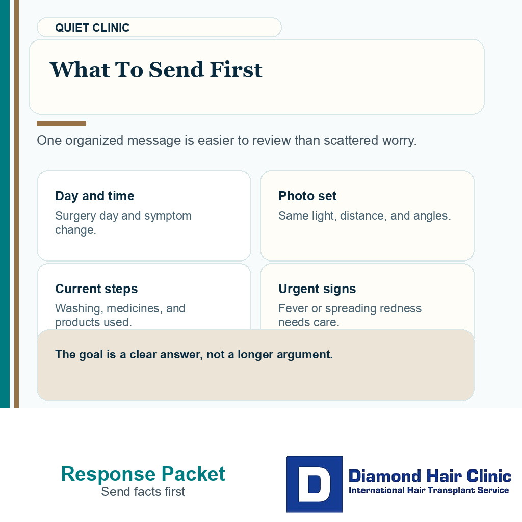 Support card showing what to send first when a clinic goes quiet after hair transplant