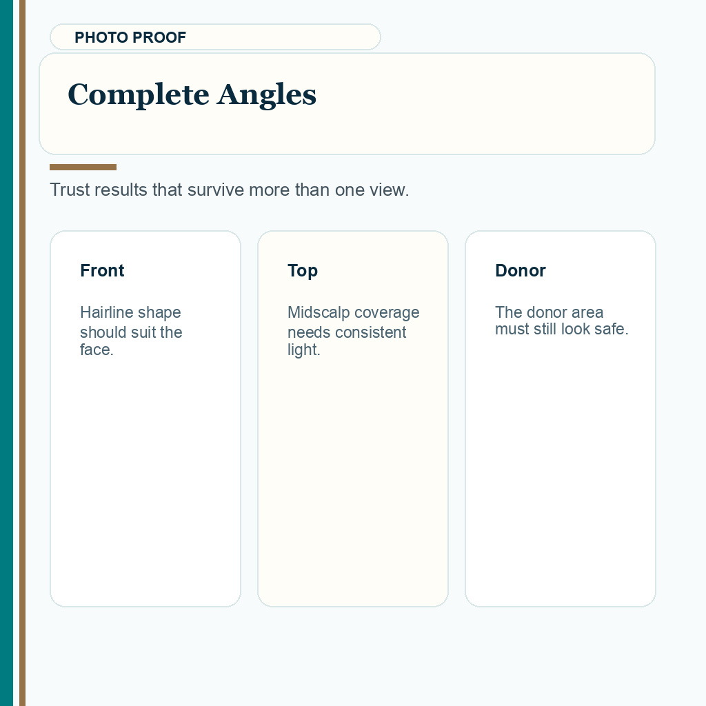Carousel slide about complete result photo angles before choosing a clinic