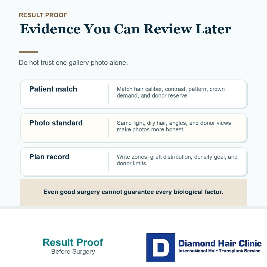 Support card showing the proof set before choosing a hair transplant clinic