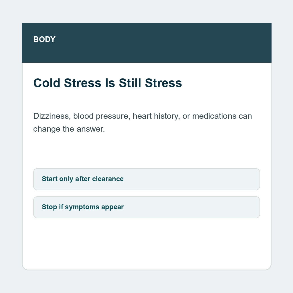 Cold plunge carousel slide 3 showing Dizziness, blood pressure, heart history, or medications can change the answer.