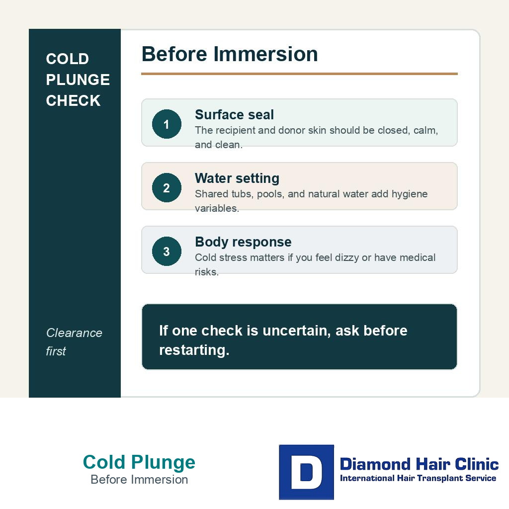 Cold plunge clearance check showing scalp surface water setting and body response before immersion
