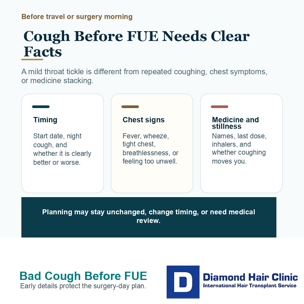Cough timing, symptoms, medicines, and stillness details to send before FUE