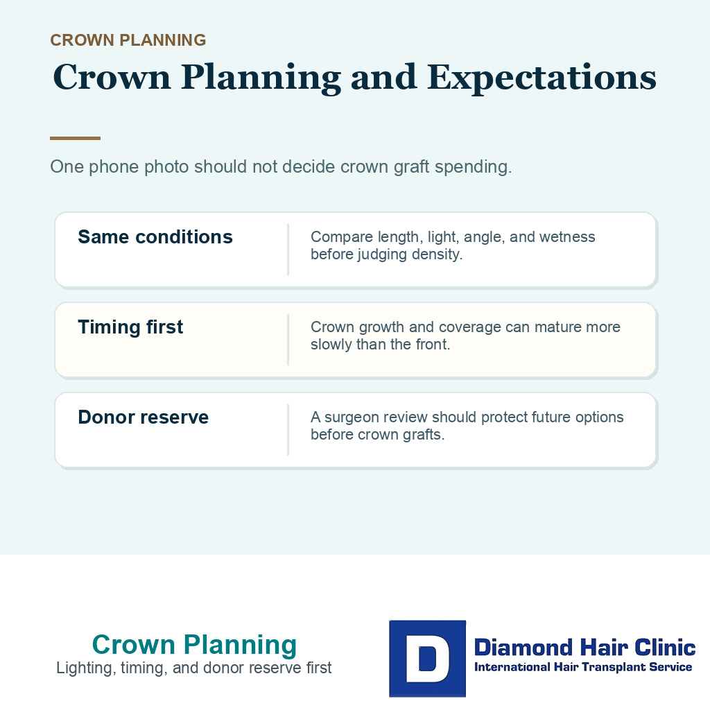 Support card explaining crown photo checks, timing, and donor reserve before crown grafts.