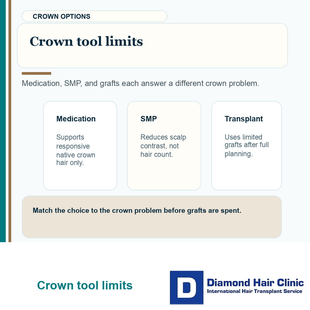 Medication, SMP, and transplant roles before crown graft planning