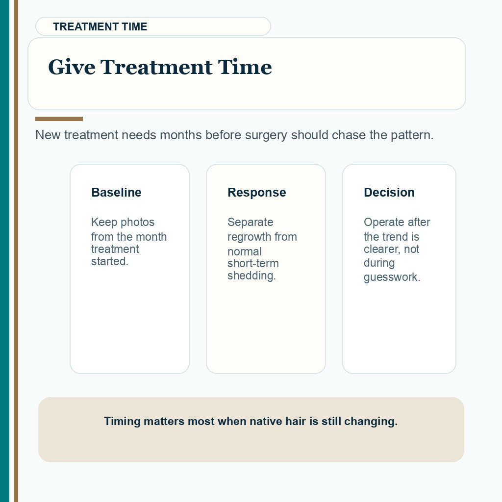 Carousel slide explaining why treatment time matters before FUE for diffuse thinning