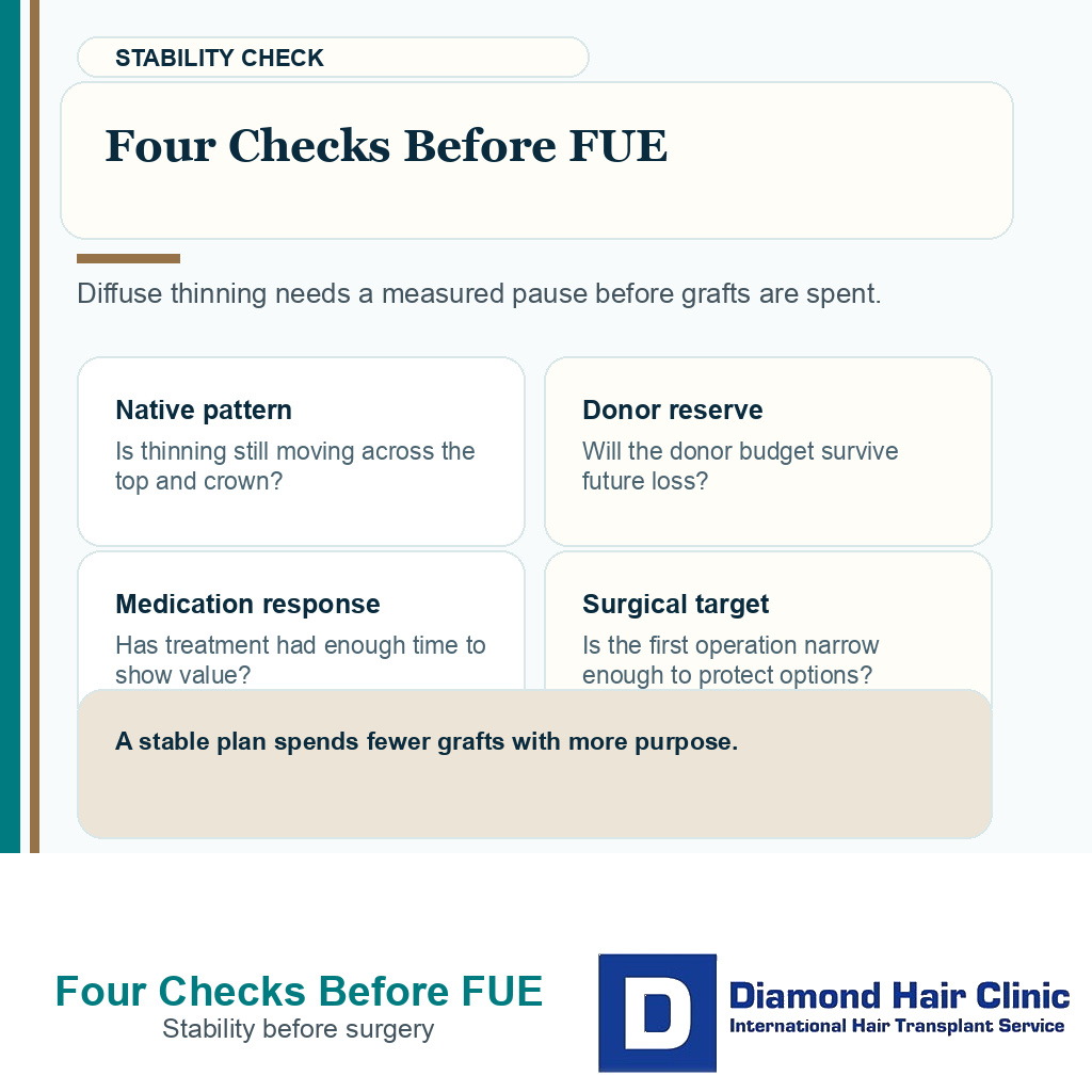 Support card showing four stability checks before FUE for diffuse thinning