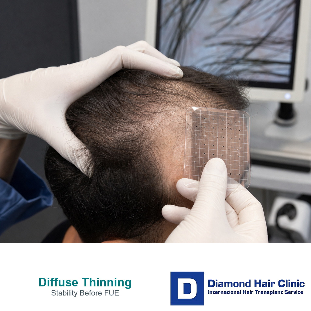 Non identifiable clinical scalp density review for diffuse thinning before FUE