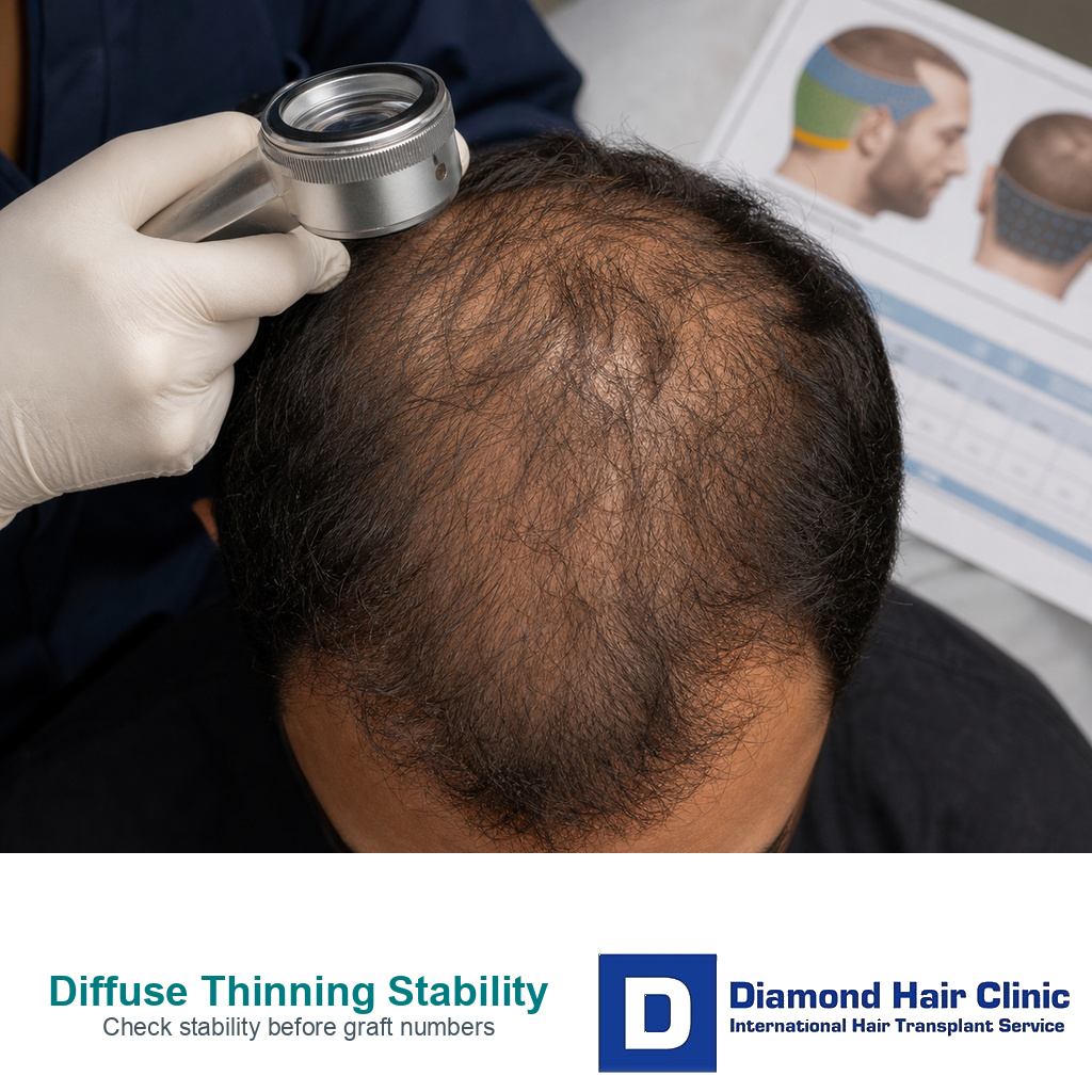 Clinical scalp exam for diffuse thinning before FUE planning