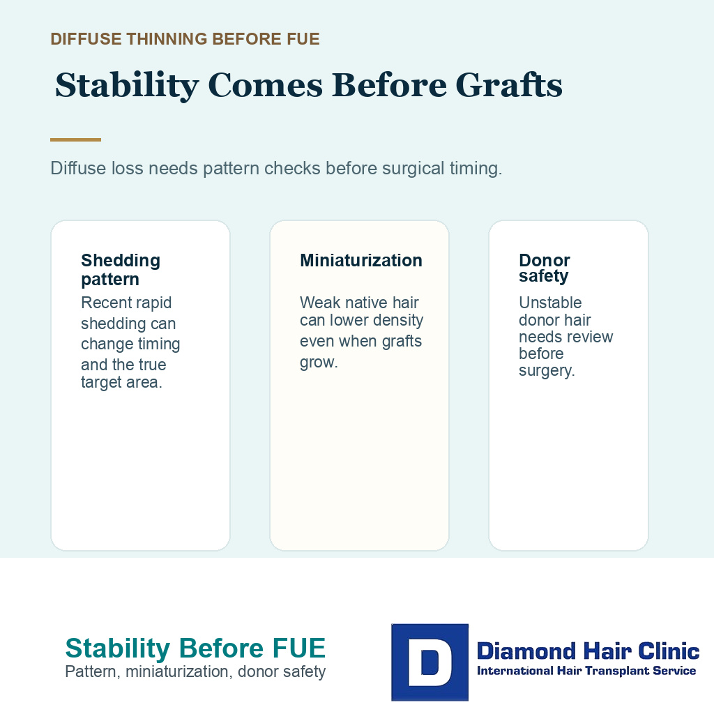 Support card showing four stability checks before FUE for diffuse thinning