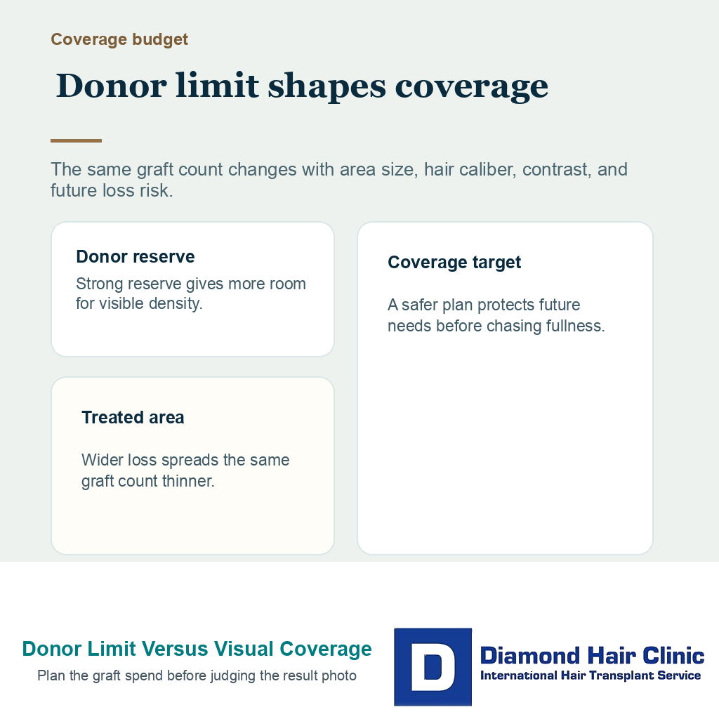 Support card explaining how donor reserve, treated area size, and coverage target change visual density after hair transplant