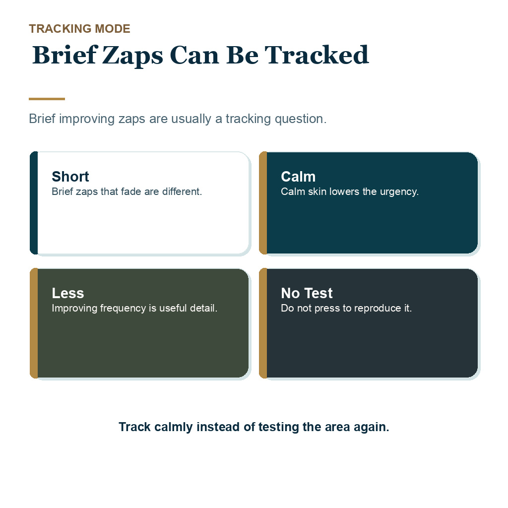 Support card explaining that brief improving electric zaps after FUE should be tracked calmly.