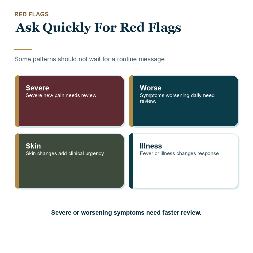 Support card showing red flags that should be raised quickly with electric sensations after FUE.