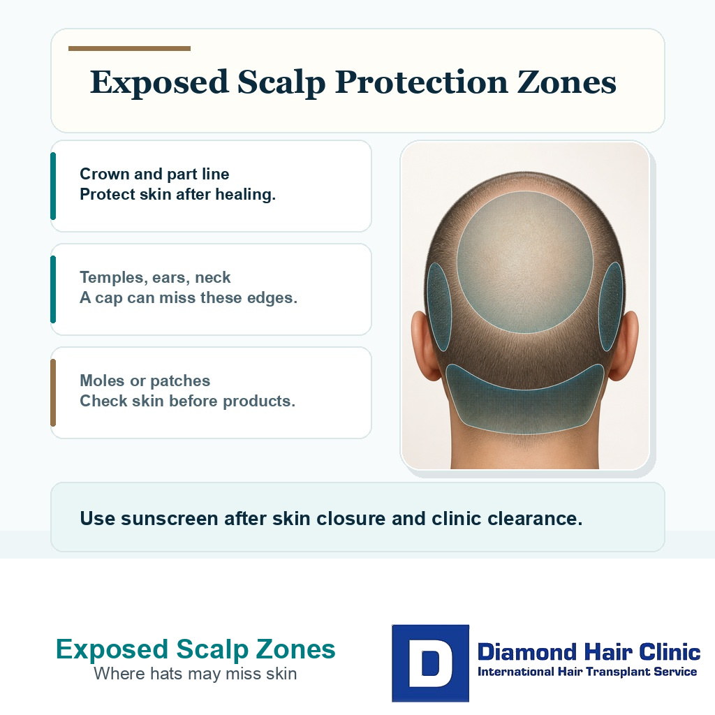 Exposed scalp protection zones showing crown, temples, ears, neck, and sunscreen timing after healing