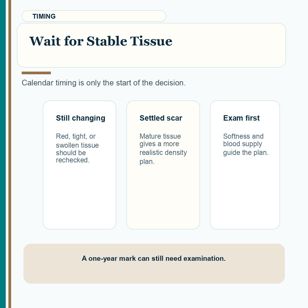 Carousel slide explaining stable tissue timing before grafting a facelift hairline.