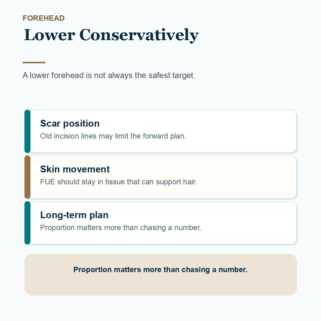 Carousel slide explaining conservative forehead lowering after facelift surgery.