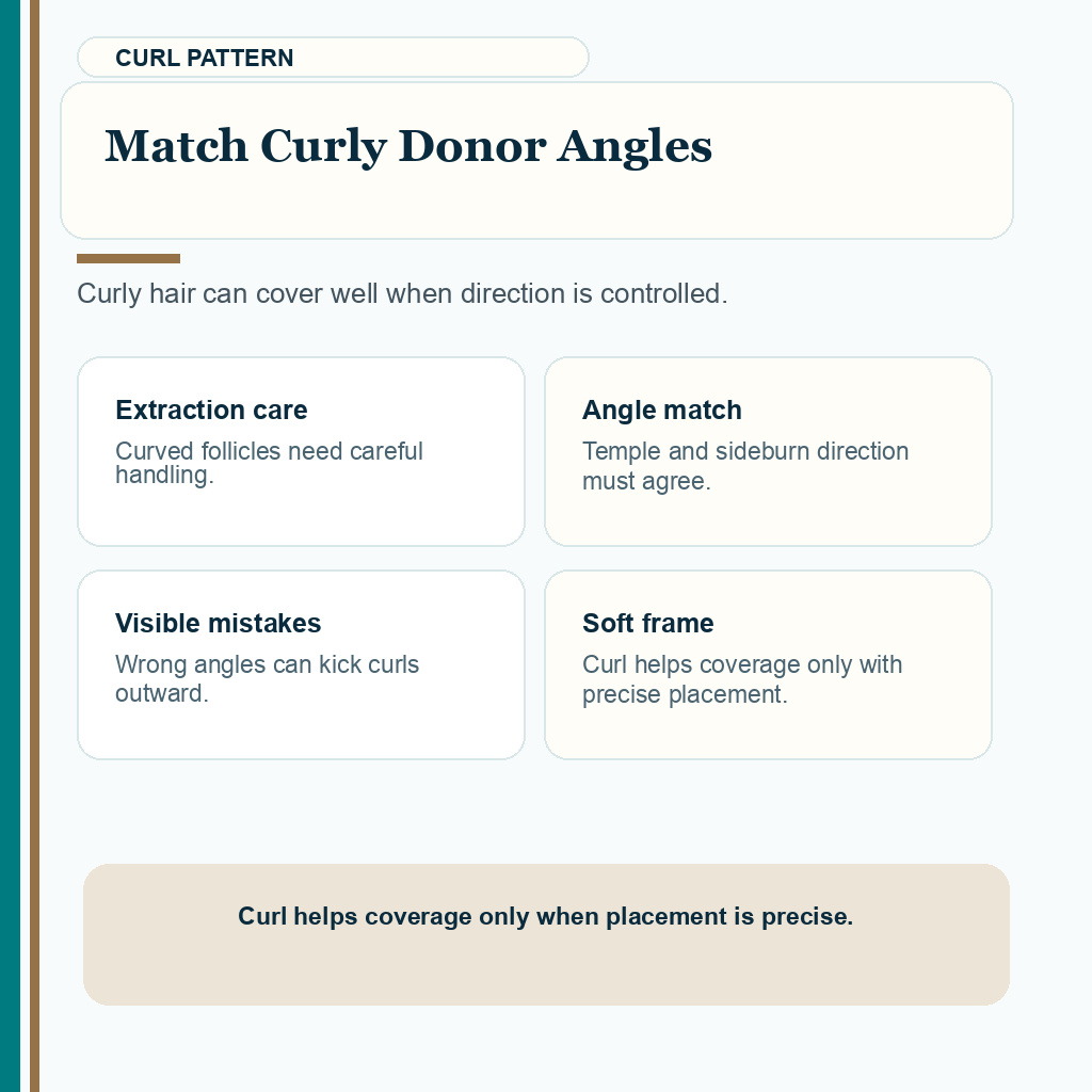 Carousel slide explaining curly donor hair angle control for female hairline repair.
