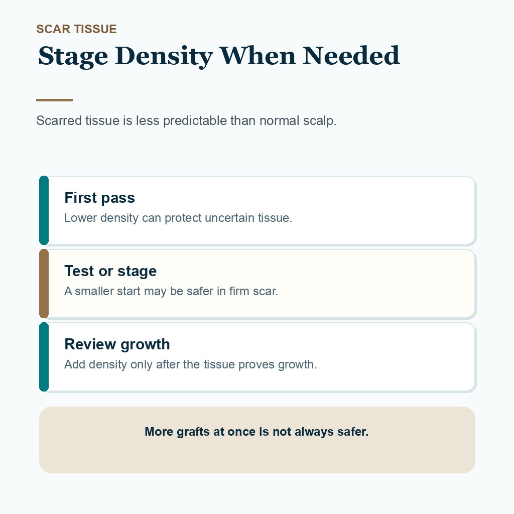 Carousel slide explaining staged density planning in scarred facelift tissue.