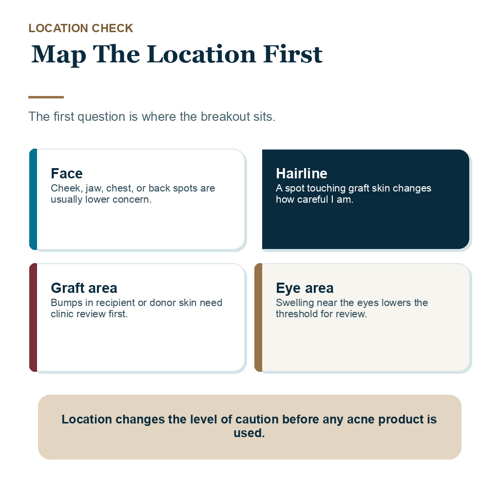 Facial acne after hair transplant carousel image explaining why location changes review after surgery.