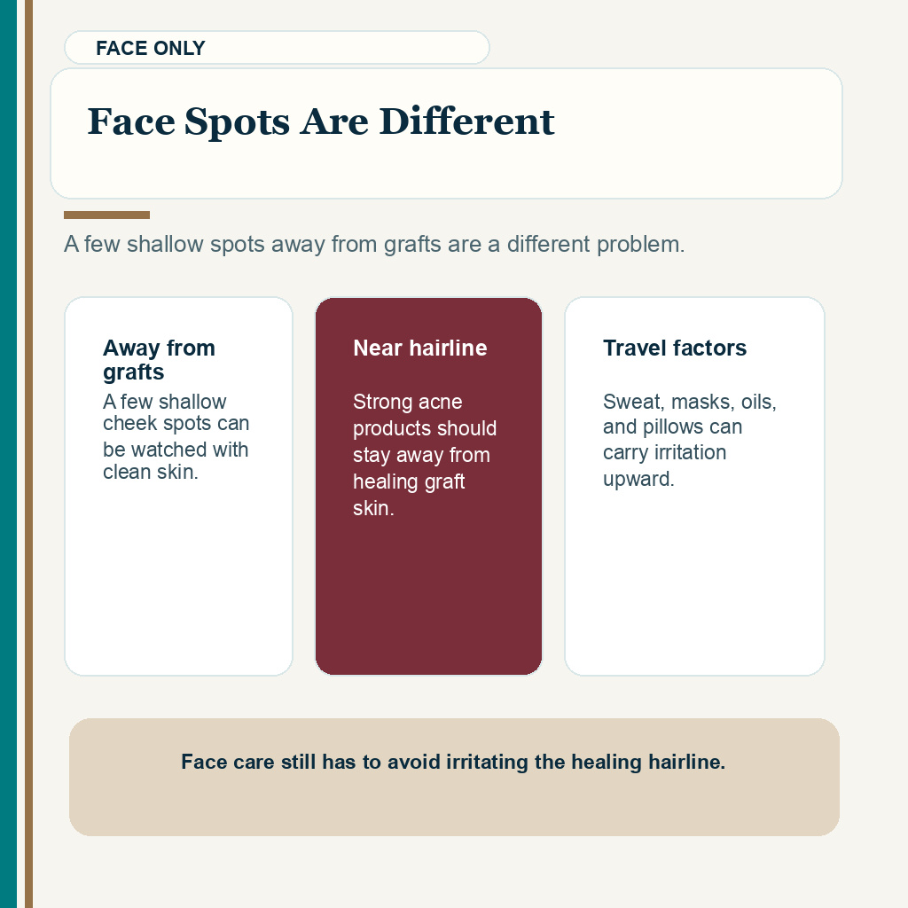 Facial acne after hair transplant carousel image explaining why cheek spots differ from hairline or graft bumps.