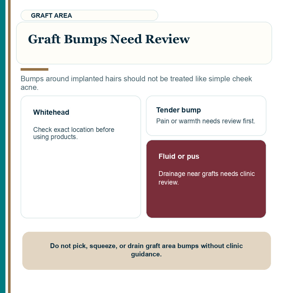 Facial acne after hair transplant carousel image explaining why recipient or donor bumps need clinic review.