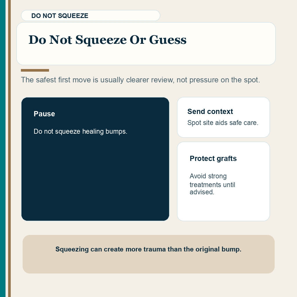Facial acne after hair transplant carousel image explaining why pressure and guesswork are unsafe near grafts.