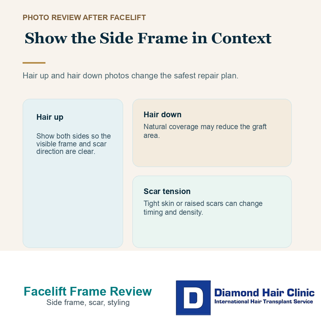 Photo review points for female hair transplant planning after facelift surgery.