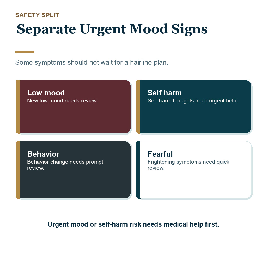 Finasteride brain fog planning carousel showing urgent mood signs before surgery