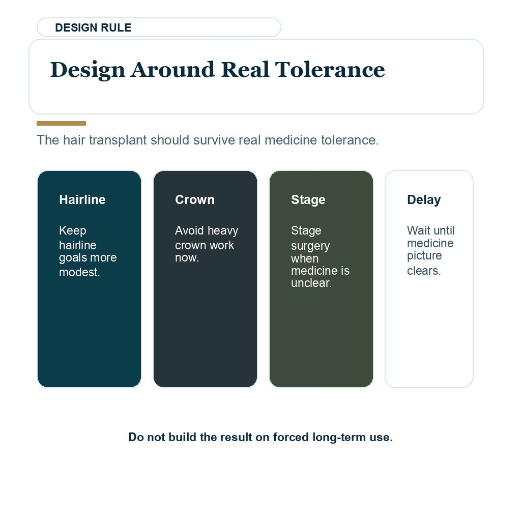 Hair transplant design planning around real finasteride tolerance