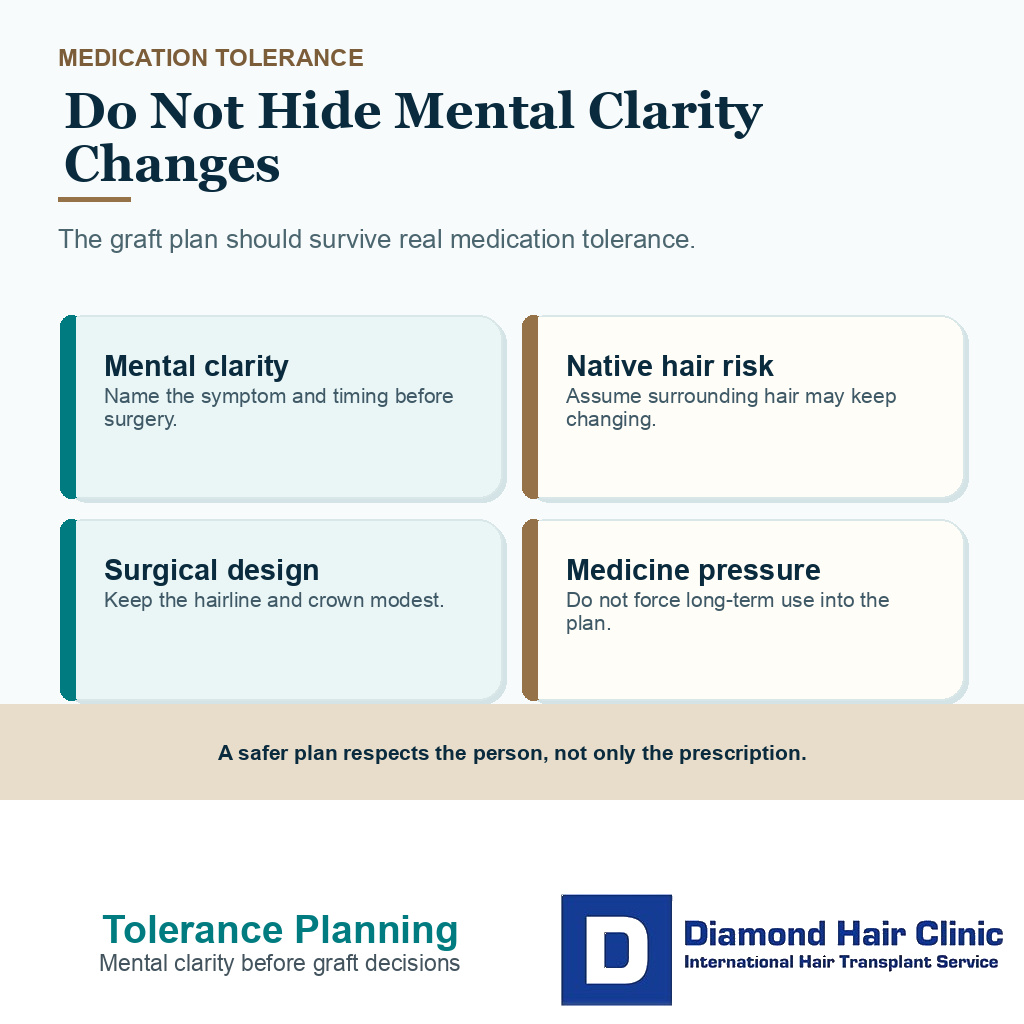 Medication tolerance planning card showing mental clarity changes, native hair risk, and modest surgical design