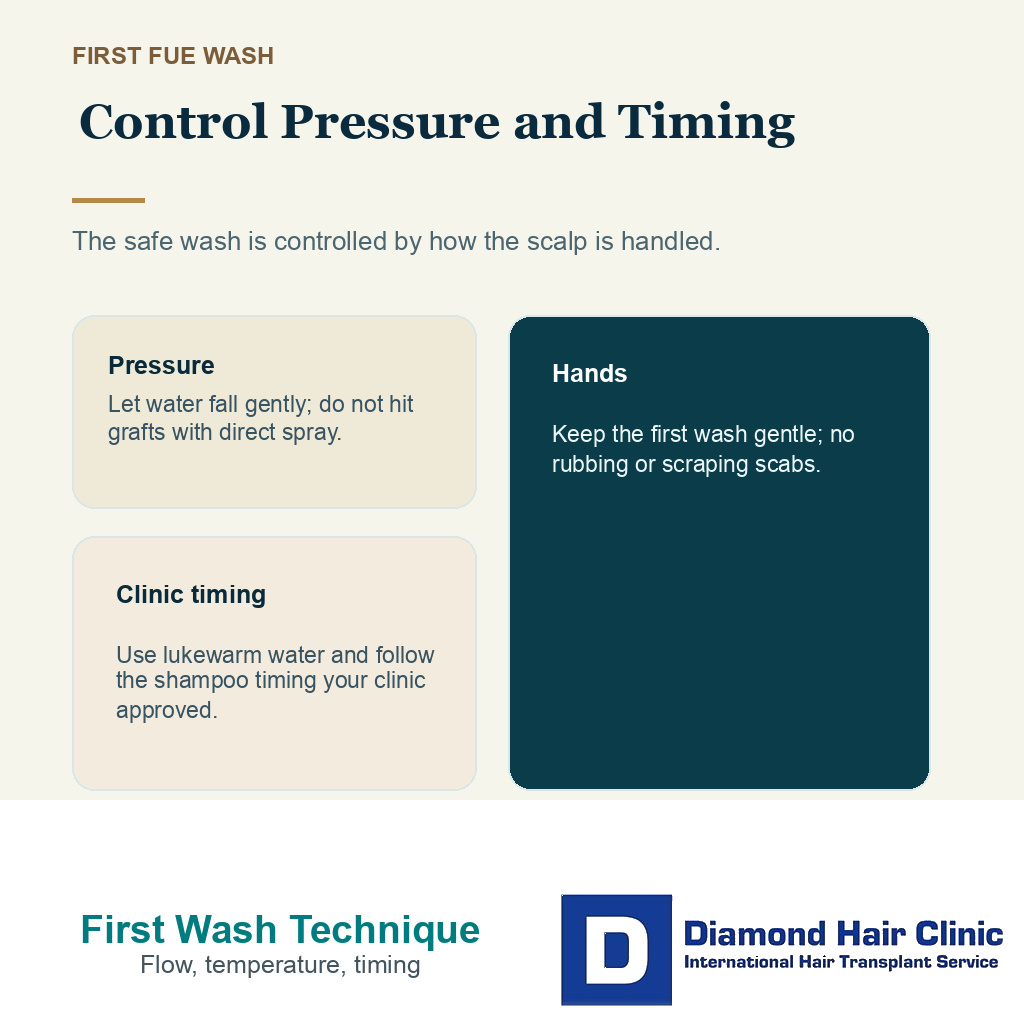 Gentle first FUE wash setup showing pressure temperature shampoo and irritation review steps
