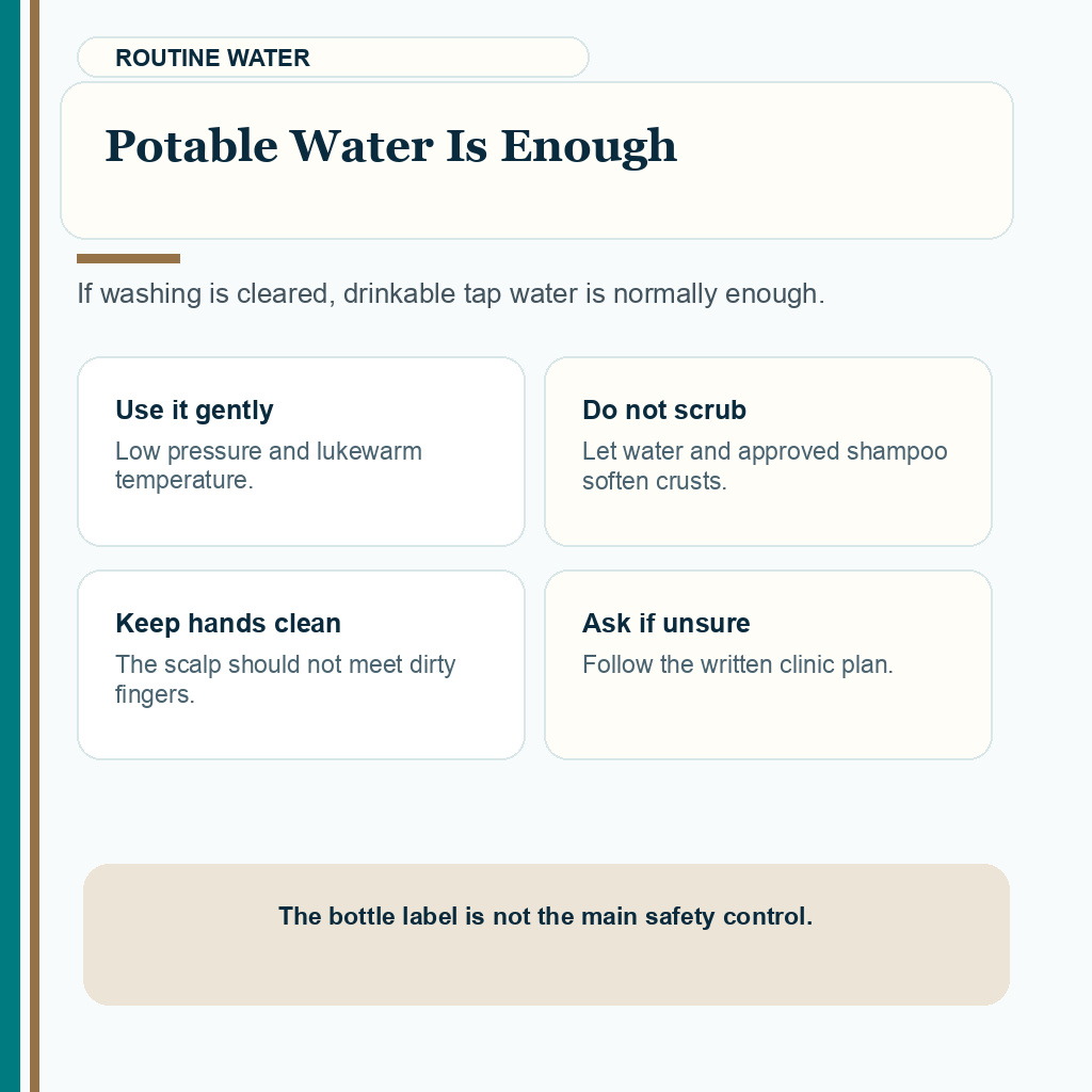 Carousel slide explaining that potable water is usually enough for the first FUE wash when used gently