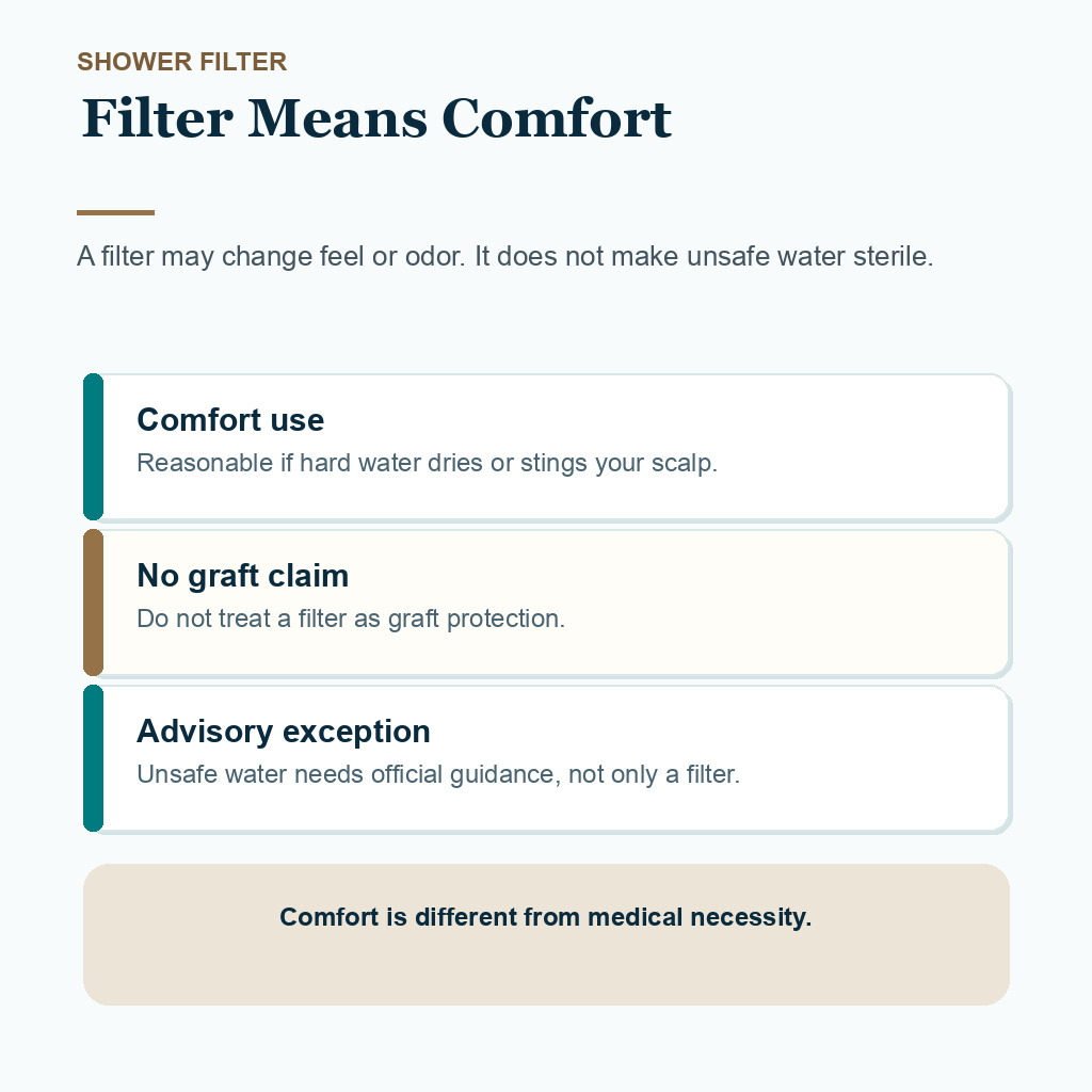 Carousel slide explaining that a shower filter is a comfort tool not sterile graft protection