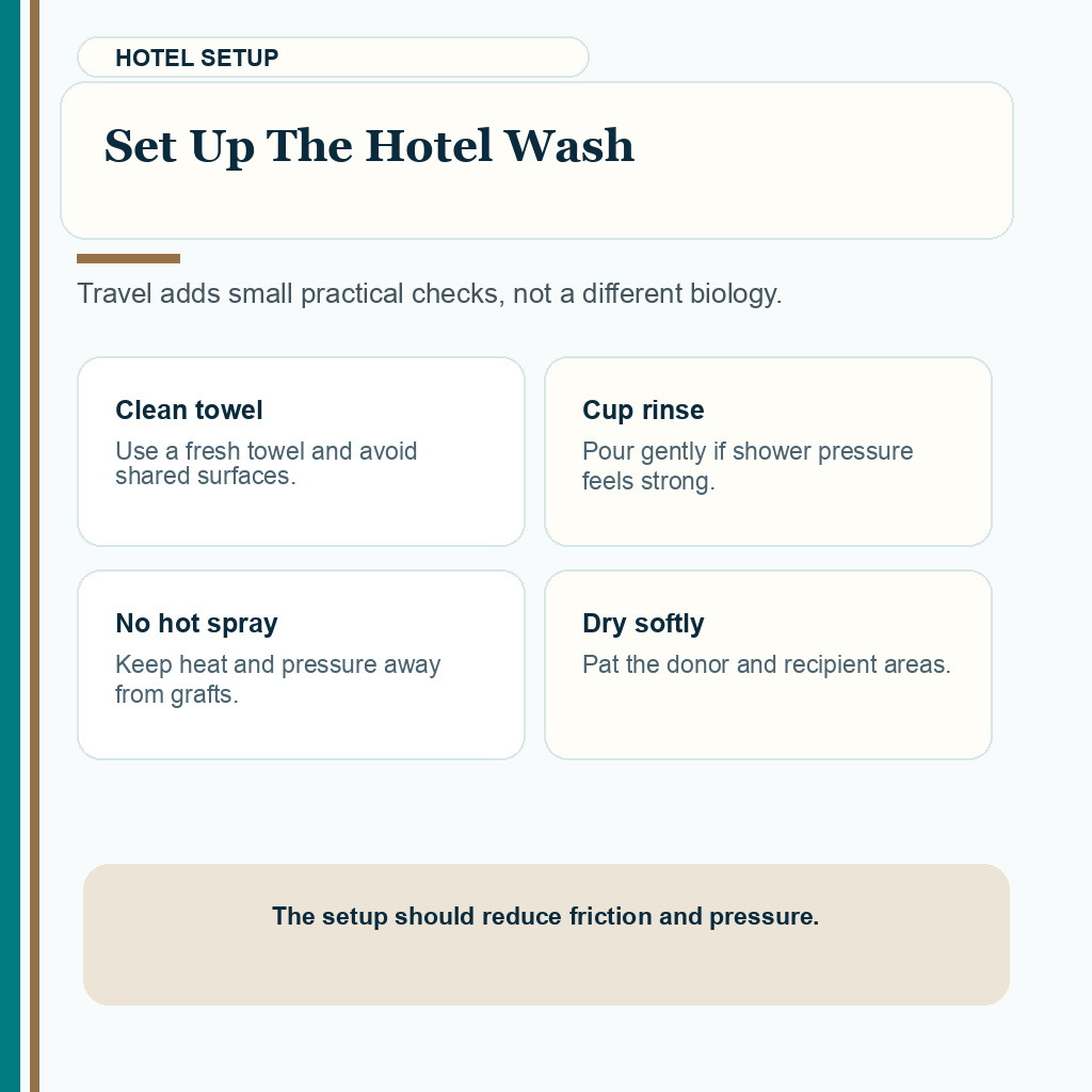 Carousel slide explaining a clean hotel setup for the first wash after FUE