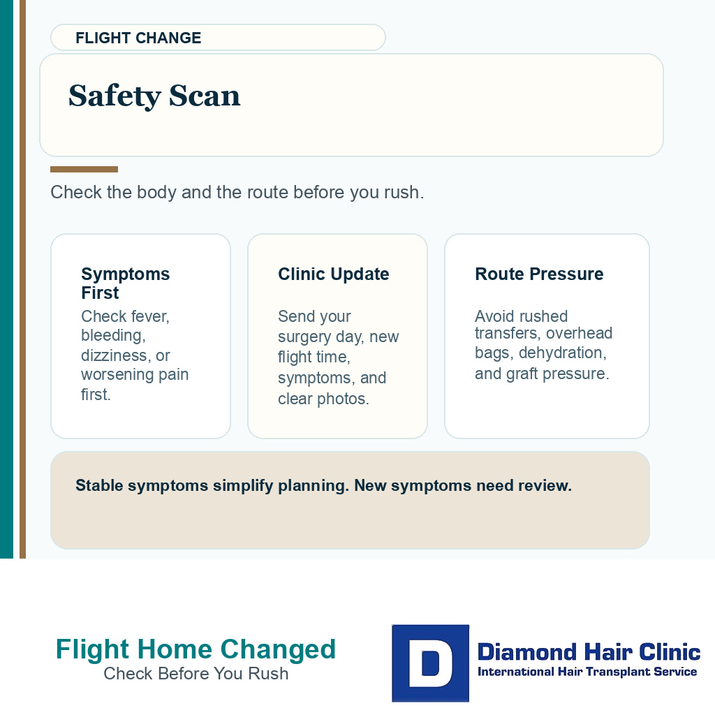 Flight delay safety scan after FUE with symptoms clinic contact hydration and luggage checks
