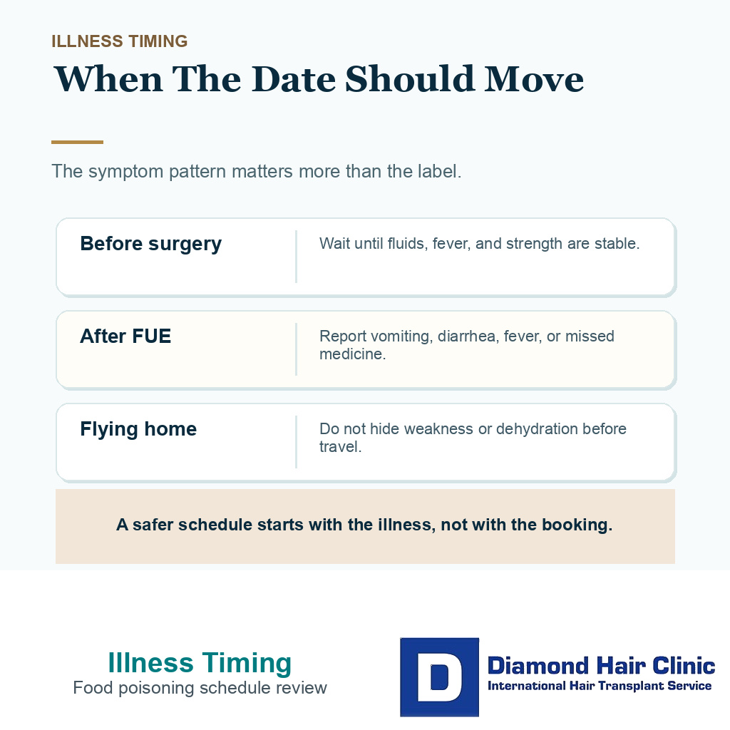 Diamond Hair Clinic support card showing illness timing checks before and after a hair transplant