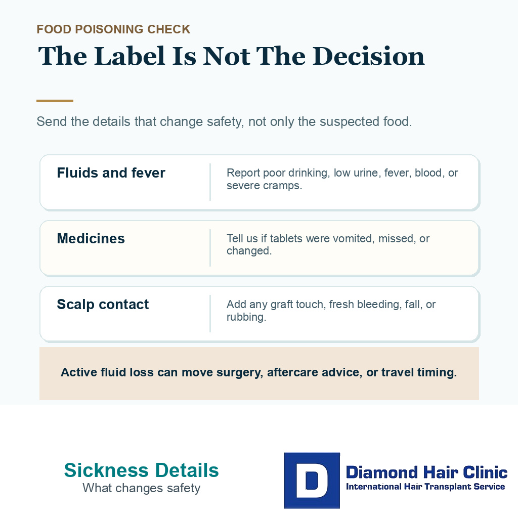 Diamond Hair Clinic support card showing which food poisoning details can change hair transplant timing, including fluids, fever, medicines, and scalp contact.