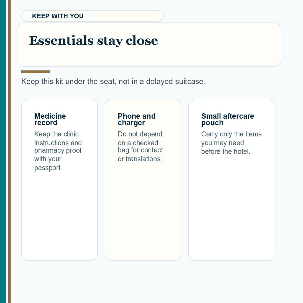 Carousel slide about keeping essential aftercare items with you after FUE