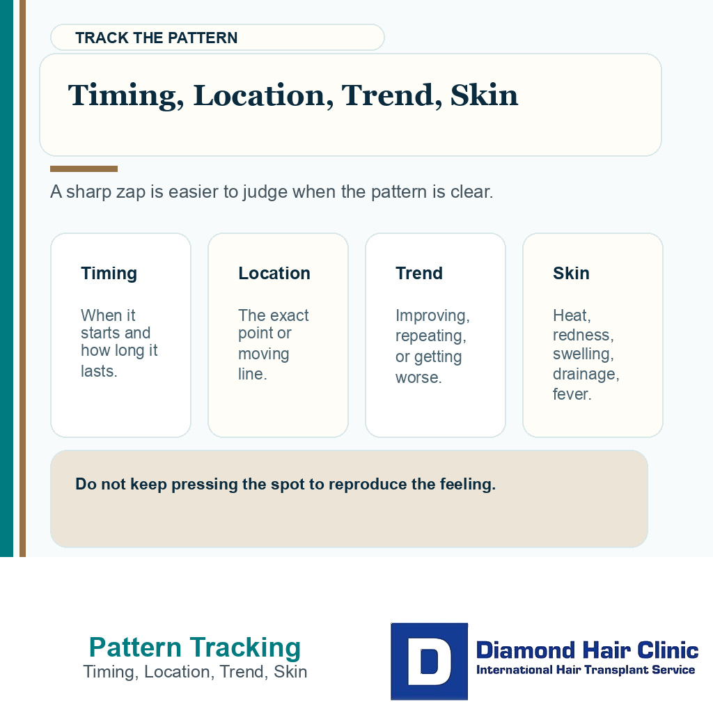 Pattern card showing timing, location, trend, and skin warning signs for electric sensations after FUE
