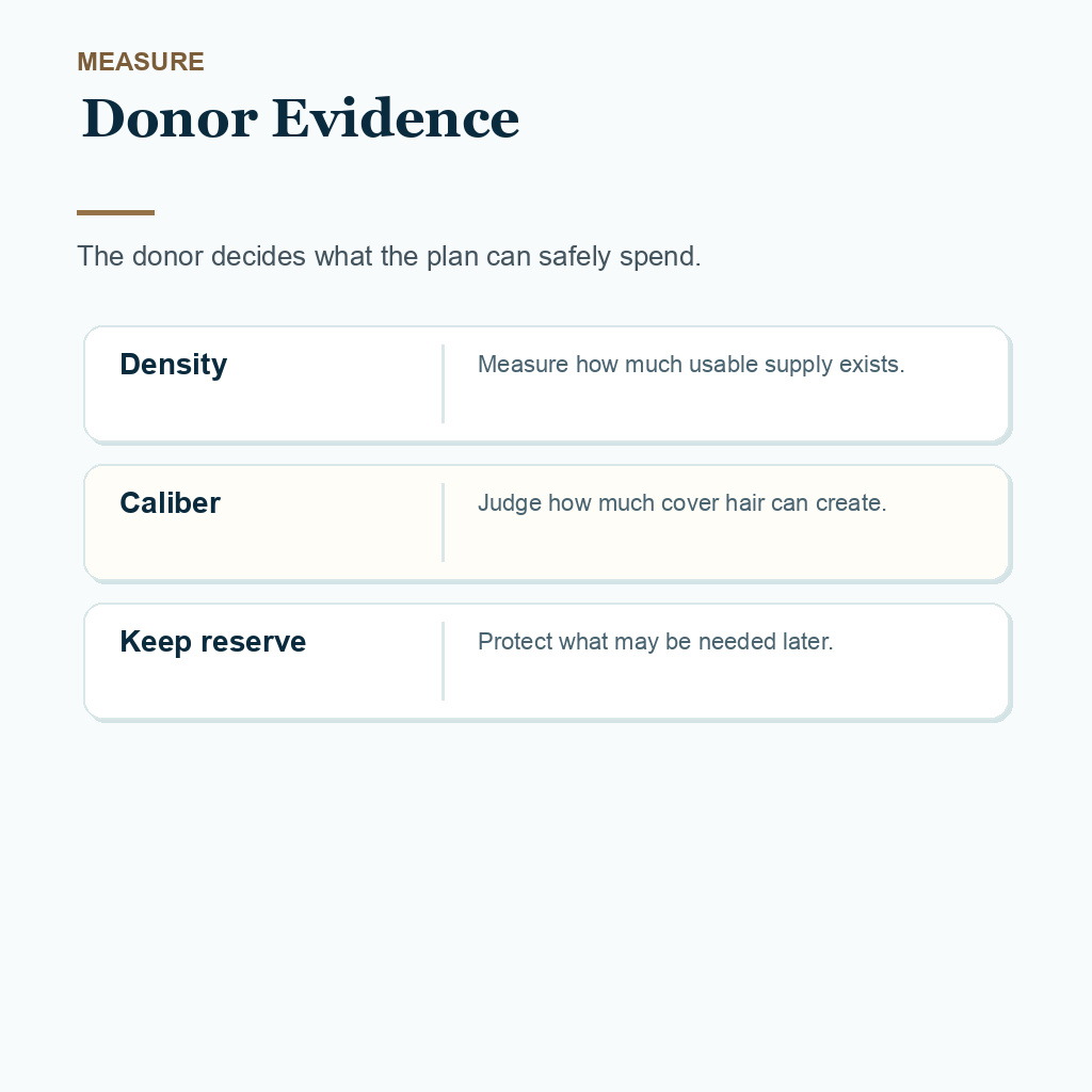 Carousel slide showing donor density, caliber, and reserve checks before confirming a FUE graft quote